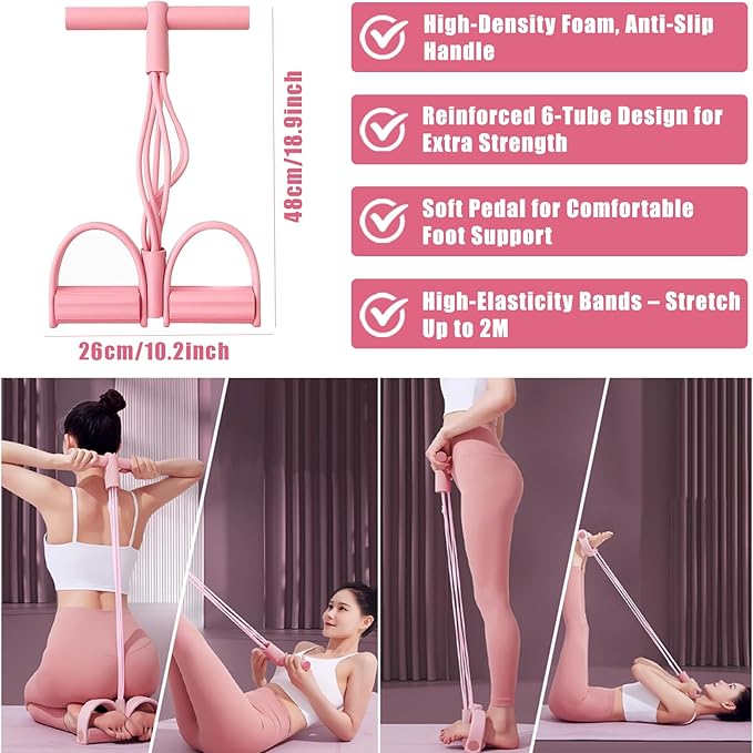 Home Workout Equipment for Women with 6 Tube Elastic Foot Pedal Resistance Band with Handle,Thigh Pelvic Trainer, Leg Fitness Bands Set, Exercise Essentials Starter Kit for Full Body Toning