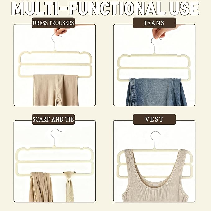 VSV stoage Velvet Pants Hangers with Double Non Slip Bar - Multiple Velvet Hangers for Closet - Thin Space Saving Clothes Hanger - 360° Swivel Felt Trouser Hanger Perchas Terciopelo 10 Pack (Beige)