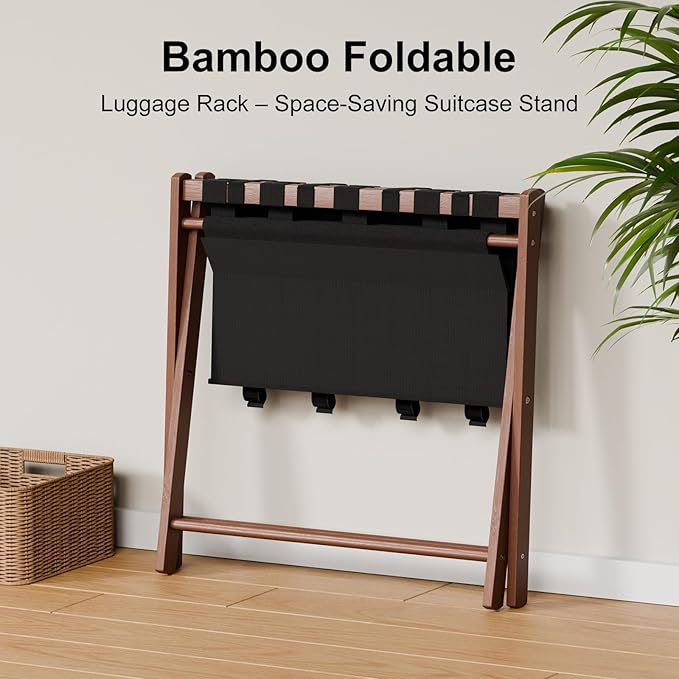 Bamboo Luggage Rack for Suitcases 2 Pack, Foldable & Easy to Assemble Suitcase Stand, Heavy Duty and Space-Saving Luggage Holder for Guest Room, Bedroom, Hotel