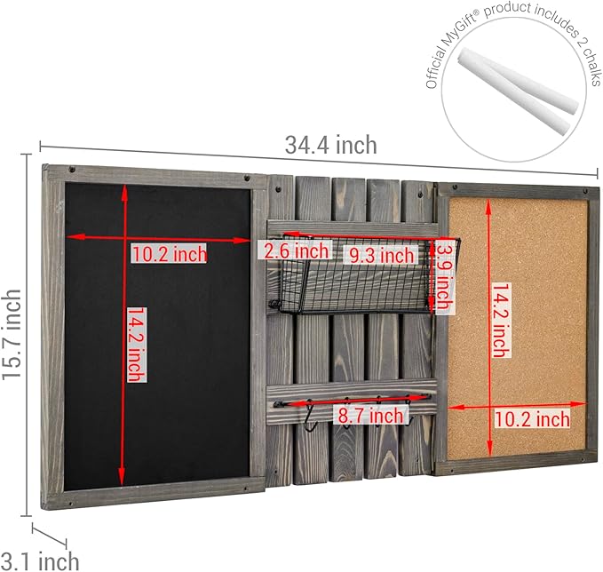 MyGift 3 Panel Wall Mounted Entryway Bulletin Board Combo Set with Vintage Gray Solid Wood Frame, Chalkboard, Cork Board, Black Metal Mail Basket, and Hanging Rail
