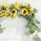 Artificial Sunflower Swag, 17.7inch Decorative Flower Swag Wedding Arch Decor, Fake Flower Wreath Sunflower Swag Garland, Green Leaves Hanging Ornament Floral Swag Door Swag for Wedding Home(Yellow)