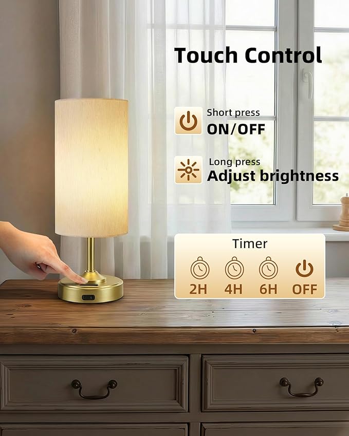 Battery Lamp, Dimmable, Ambient Light, 2700K, Timer, Touch Control, Portable, LED, Battery Operated, Rechargeable, Wireless, Cordless, Desk Lamp, Kitchen Lamp, Fabric Shade, for Bedroom, Living Room