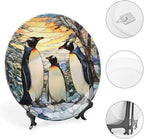 Penguins Family Snowy Forest Stained Glass Painting Decorative Plates Home Decor Ceramic Plates, Dinner Plates Display for Kitchen, Hallway Console Side Table, Presents for Penguin Lovers, 10 Inch