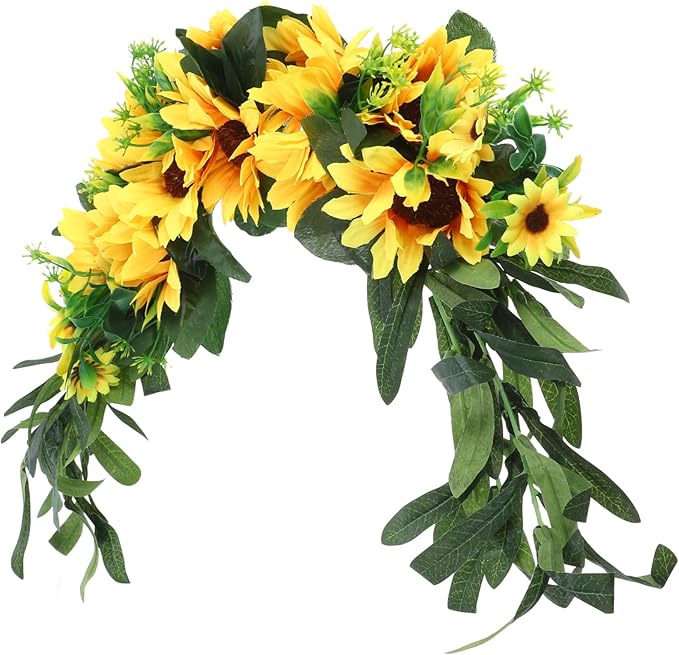 Artificial Sunflower Wreath Swag Decorative Fake Flower Garland for Front Door Wall Hanging Floral Decor for Home Wedding and Special Occasions