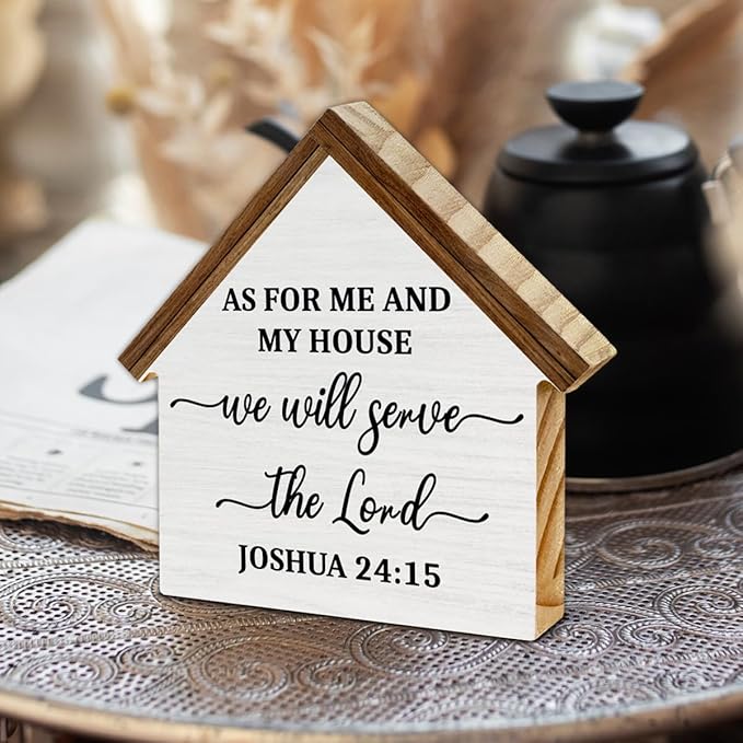 Bible Verse Decor, As for Me and My House We Will Serve The Lord House Shaped Wood Block Sign, Christian Home Room Decor for Desk Table Shelf