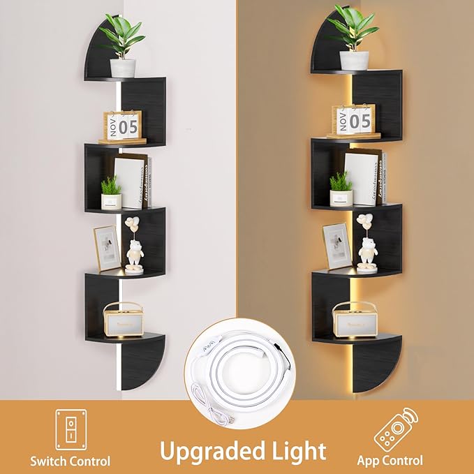 Waipfaru Corner Shelf, 5 Tier Bookshelf with LED Light, Corner Shelf Wall Mounted, Floating Shelves for Wall, Display Stand for Bedroom, Living Room, Bathroom, Home, Office, Black