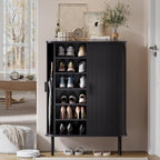 ONBRILL 6-Tier Shoe Cabinet with Sliding Door, Wooden Shoe Storage Cabinet with Adjustable Shelves, Mid-Century Modern Freestanding Shoe Storage Organizer for Entryway, Hallway, Living Room, Black