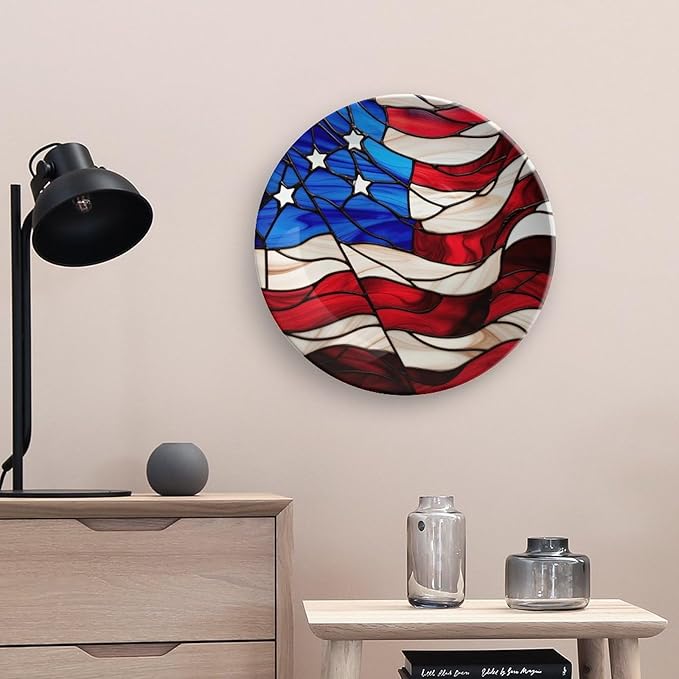 Decorative Plates, Blue Red USA Flag Stained Glass Painting Ceramic Dinner Plate Home Wobble-Plate with Display Stand, Wall Hanging Decor for Kitchen Household 10 Inch, Gifts for Patriotic