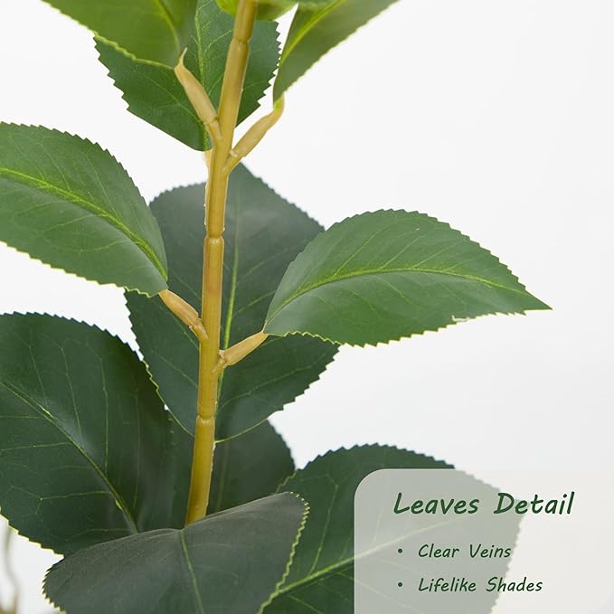 Bellacat 4ft Artificial Camellia Tree with Silk Yellow Flowers, 48in Faux Camellia Plant with Lifelike Trunk, Fake Flower Tree Potted Front Door Plants for Porch Patio Deck Living Room Decor, 2Pack