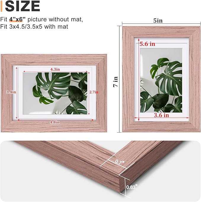 Egofine 4x6 Picture Frames Set of 4, Made of Solid Wood Covered by Plexiglass 3x4.5 and 3.5x5 with Mat or 4x6 without Mat, for Table Top Display and Wall Mounting Photo Frame, Peach Pink