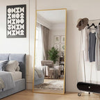 DUMOS Full Length Mirror with Stand 24"x65" Floor Standing Aluminum Frame for Bedroom Body Hanging Leaning Modern Simple Home Decor Shatter-proorf Nano Glass Wall Living Room Cloakroom, Gold