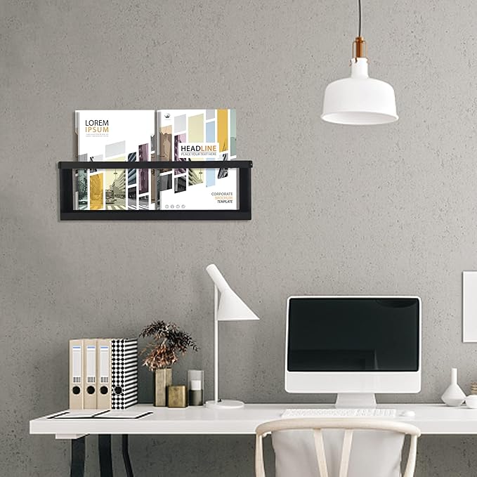 Deveosa Magazine Holder Wall Mounted - Black Minimalist Metal File Rack Hanging Brochure Storage Organizer Comic Display For Living Room Bathroom Waiting Room Home Office Decor (19.7 inch)