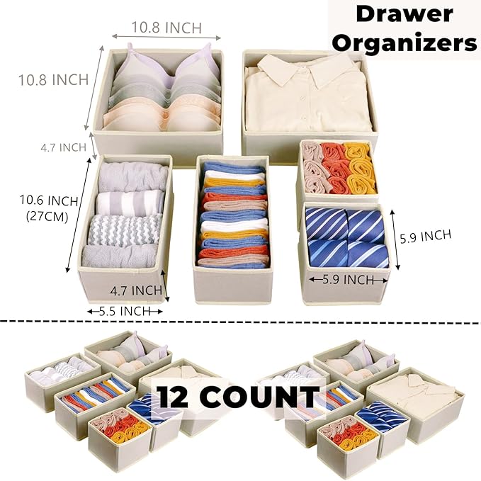 12 Pack Drawer Organizer Clothes, Foldable Fabric Dresser Organizer Closet Organizers and Storage Box for Underwear,Folded Clothes,Baby Clothing,Socks,Bra,Towels,Ties(12 Pack,Beige)