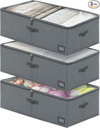 10-Inch Under Bed Storage Containers (3-Pack) | Sturdy Sidewalls | Clear Cover & Label Holder | Foldable Closet Organizer | Stores Clothing/Blankets/Wrapping Paper/Toys