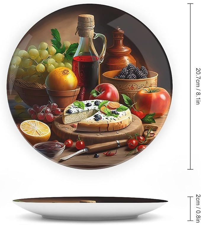 Decorative Plates, Wine, Fruit & Pizza Foods Painting Display Plate for Home Office Kitchen Table Decor Porcelain Plates 8 Inch, Birthday Gifts