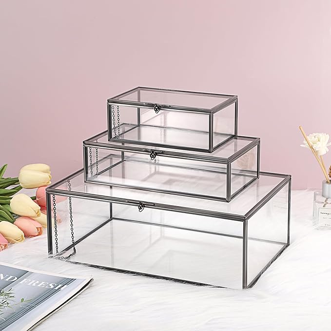 Hipiwe Glass Keepsakes Display Box with Lid - Decorative Black Glass Box Clear Rectangle Storage for Trinket Perfume Cards Gift