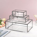 Hipiwe Glass Keepsakes Display Box with Lid - Decorative Black Glass Box Clear Rectangle Storage for Trinket Perfume Cards Gift