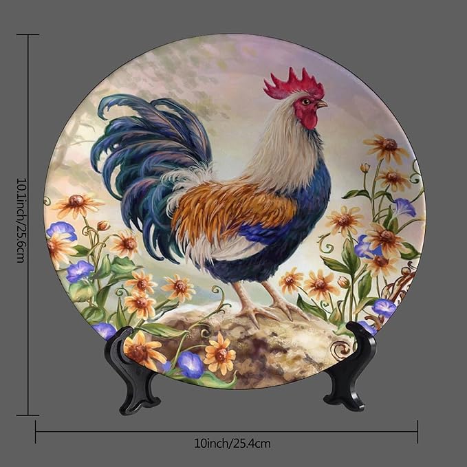 Rooster Decorative Ceramic Plates, 10inch, Rooster on Stone Round Display Plate, Decorative Plates with Stand, for Home Kitchen Bedroom Decorative Ornaments