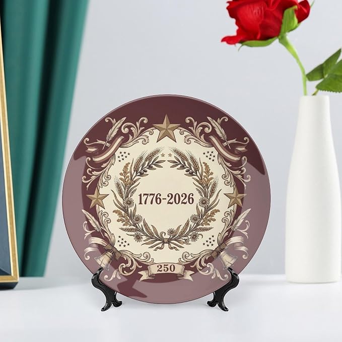 250th Anniversary Decorative Plates 8 Inch Vintage Patriotic Decorations Commemorative Plates with Stand Independence Day 4th of July Semiquincentennial Home & Office Decor