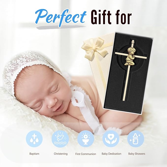Baby Wall Cross Baptism Gifts for Boys, 7-inch Olive Gold Praying Catholic Boy Baptism Crosses for Christening, First Holy Communion & Baby Dedication Gifts, Baptismal Cross Newborn Nursery Decor