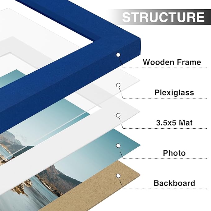 Vittanly 4x6 Picture Frames Set of 9, Shatter Resistant Plexiglass, Display 3.5x5 Pictures with Mat or 4x6 without Mat, Photo Frames for Wall or Tabletop, Engineered Wood, Blue