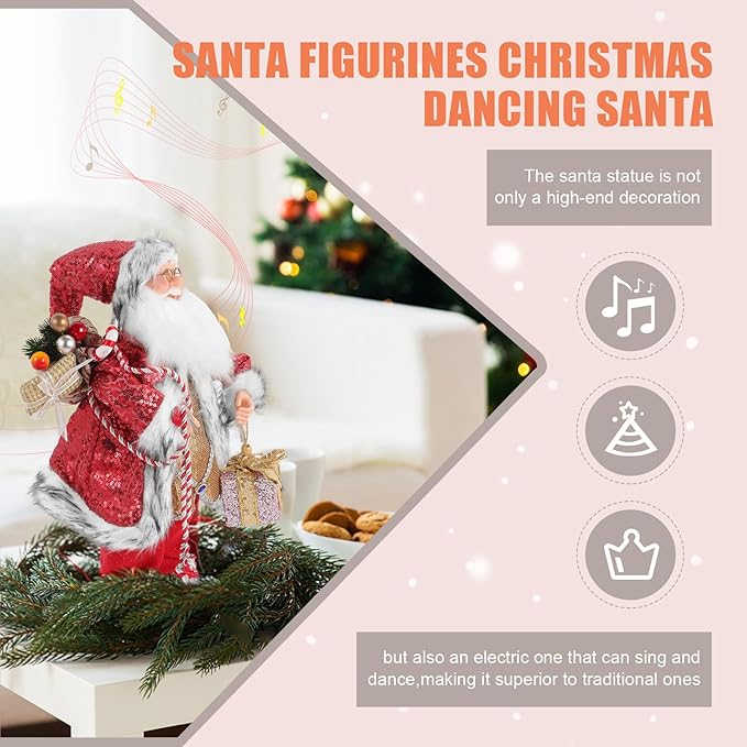 Gfilay 18 Inch Animated Plush Santa Figurine with Music and Movement, Collectible Red Sequin Coat Christmas Decoration, Singing Dancing Santa Claus Holiday Centerpiece Gift for Home or Store