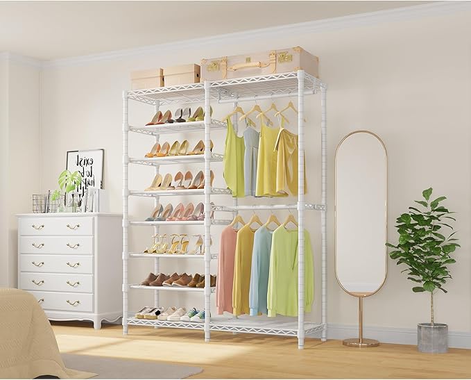 VIPEK S2 Heavy Duty Clothes Rack with Shoe Shelves Freestanding Clothing Rack with 6-Tier Shoe Rack, Double Hanging Rod, Adjustable Shelf, Walk in Closet Organizer Garment Rack, White