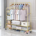 SUOERNUO Garment Rack for Hanging Clothes Rack Heavy Duty Portable with Bottom Metal Shelf Drying Coats Shirt,Black (Gold+Double Rods+Shelf)