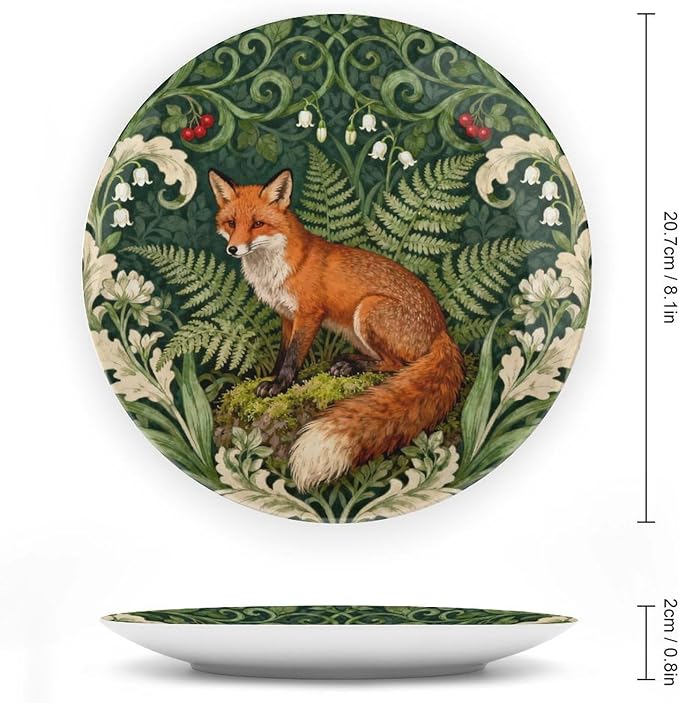 Christmas Plates Ceramic for Display Art Nouveau William Morris Fox in Floral Jungle Wedding Club Supplies Ceramic Ornaments Dessert Plates with Display Stand Custom Gifts for Women, 6", 7", 8", 10"