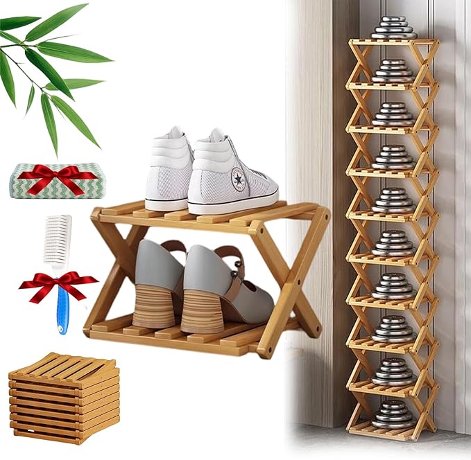The 9-Tier No-Assembly Bamboo Rack, Foldable Stackable 9 Tier Bamboo Shoe Rack Vertical Storage Sturdy & Stable, Tall Narrow Space-Saving Expandable Shoe Rack for Entryway Closet Dorm (Nature,2 Tiers)