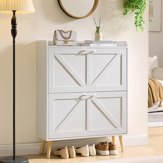 LEYAOYAO Shoe Storage Cabinet with 2 Flip Drawers，Narrow Shoe Storage Cabinet Organizer with Legs for Entryway Hallway, Living Room, Bedroom，Hidden Slim Storage Narrow Shoe Rack Cabinet,White