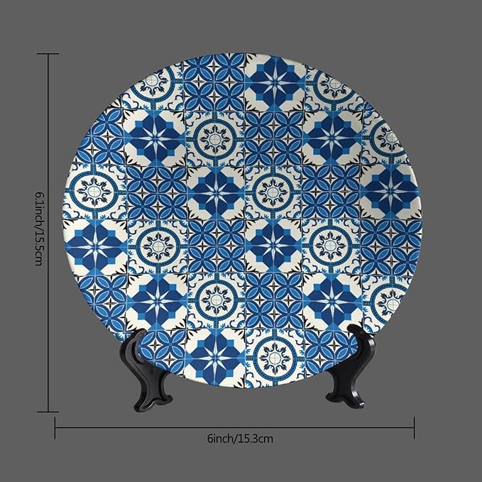 Turkish Decorative Plate Holder, 8 Inch, Blue And White Round Display Plate, Table Top Plate Decor with Stand, for Wall Hanging Living Room Bathroom Decor Gift