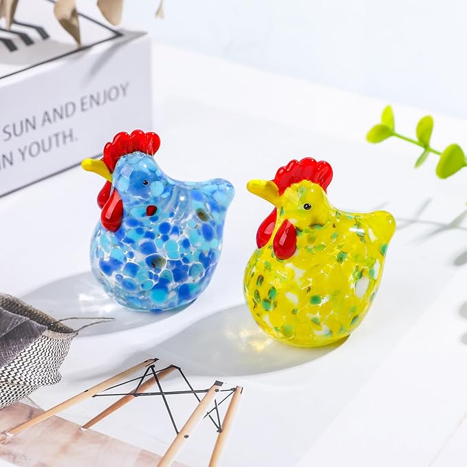 LONGWIN 2PCS Mini Glass Chicken Figurine Hand Blown Art Glass Rooster Animal Statues Collectible Figurines Unique Gift Home Decor Ornaments