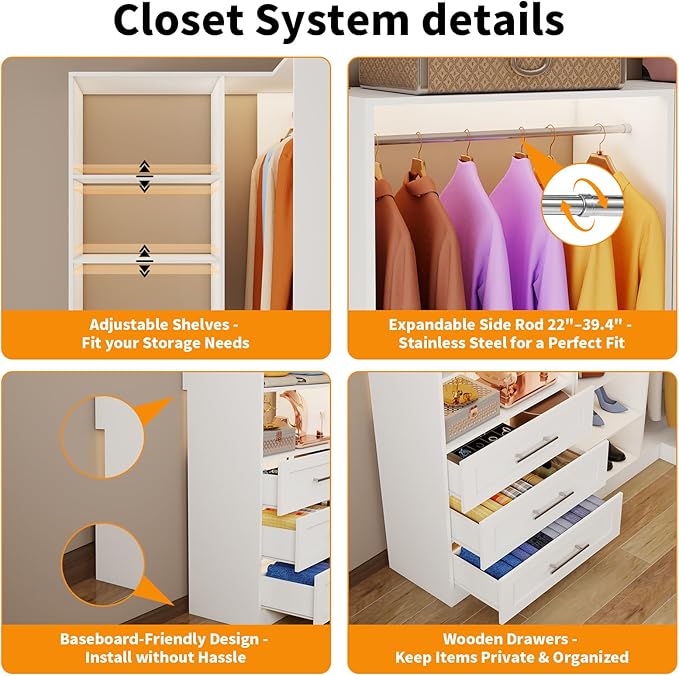 Closet System with 6 Drawers, Corner Closet Organizer Systems with 8 Shelves & 7 Hanging Rods L-Shaped Walk in Closet Freestanding Corner Tower Modular Storage System 3 Sets 2100+ Lbs Capacity White