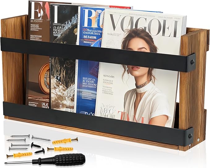 Wood Magazine Rack Wall Mounted & Wall Magazine Rack, Pine Wood Black Metal Wall Magazine Holder for Magazines, Books, Mountable or Freestanding Organizer