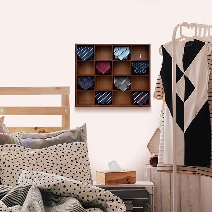 Wall Mounted Tie Rack - 16 Compartment Tie Organizer with Display Racks for Bedroom & Wardrobe