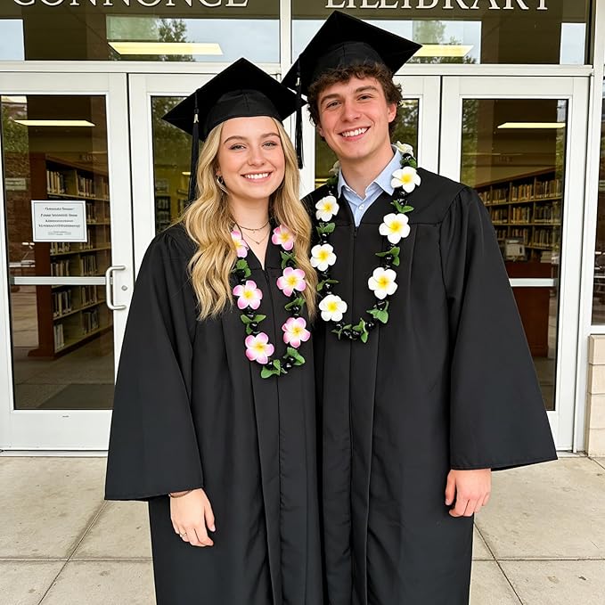 2 Pack 48 Inch Hawaiian Graduation Kukui Nut Money Lei 3D Artificial Plumeria Flower Tropical Hawaii Luau Wreaths for High School College 2026 Grad Party Accessories