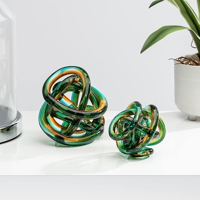 Torre & Tagus Orbit Hand Blown Glass Infinity Knot Sculpture - 4.5 Inch Glass Art Teal Amber Knot Decor Ball for Home Decor, Small Centerpiece Table Decoration for Home Interior (Ombre Ocean Sunset)
