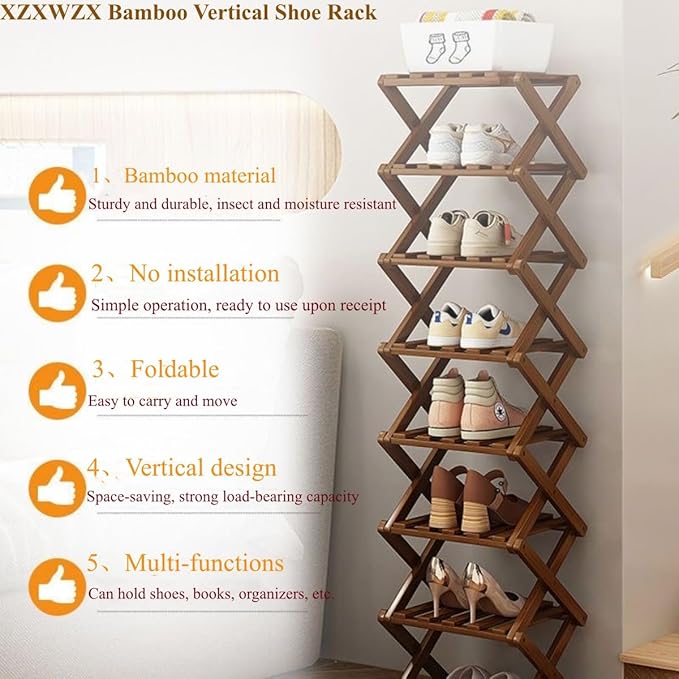 Foldable Shoe Rack, Bamboo Vertical Shoe Organizer Tall for Small Spaces. Multifunctional Narrow Shoe Shelf for Entryway, Closet, Corner, Bedroom, Hallway, Brown Color 7 Layers