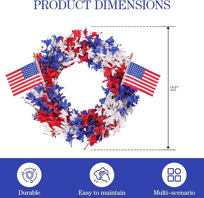 4th of July Wreath Patriotic Wreath 22 Inch Independence Day Wreaths for Front Door with Red White Blue Flag Forsythia Flowers for American Memorial Day Flag Day Indoor Outdoor Decor