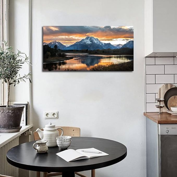 Sunset Mountain Wall Art for Living Room Nature Grand Teton Landscape Canvas Wall Decor National Park Wall Art Oxbow Bend Snake River Scenery Wyoming Painting Artwork Office Home Decoration 20x40"