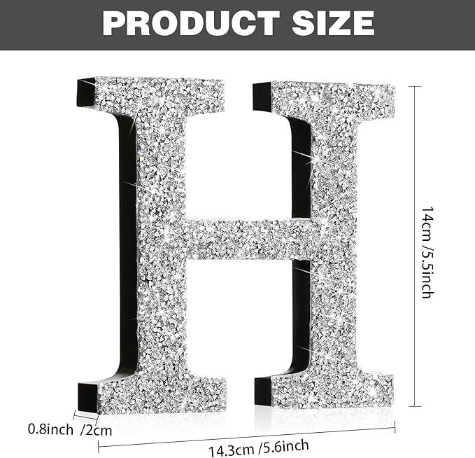 Qunclay 5.7" Silver Crystal Diamond Bling Letters Crushed Diamond Decoration Wooden Glitter Letter with Screw and Hooks Rhinestone Gift for Wedding Y2k Mcbling Bedroom Wall Decor (Letter H)