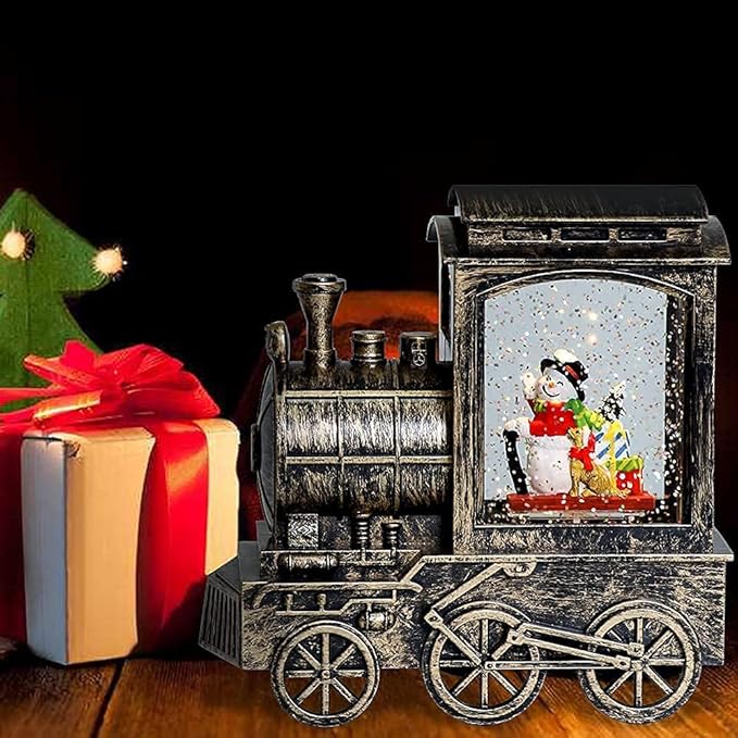 Music Snow Globe Train Lantern with Music and Timer, Battery Operated and USB Cable Snowman Lighted Snow Globe Spinning Water Glitter (Bronze, USB Included)