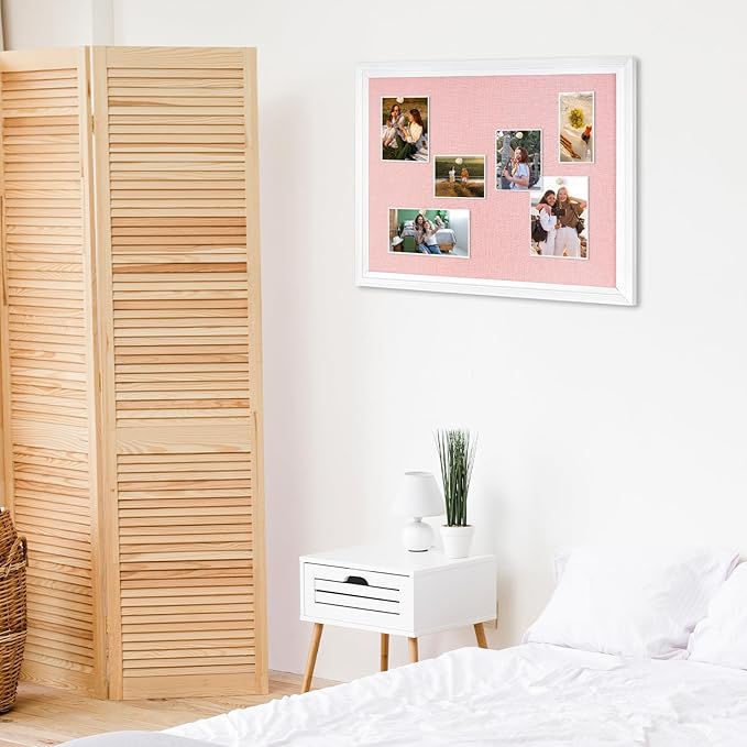 DOLLAR BOSS Bulletin Board with Linen 36'' x 24'' White Framed Cork Boards for Walls, Photo Display Pin Board, Decorative Corkboard for Office Home School Girls Dorm Decor with 10 Pushpins, Pink
