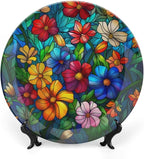 Stained Glass Theme Decorative Ceramic Plate Round Porcelain Plate,7 inch,Colorful Flowers Pattern,for Decorative Ornaments Giving Plates, 1 Plate with 1 Display Stand,Multicolor