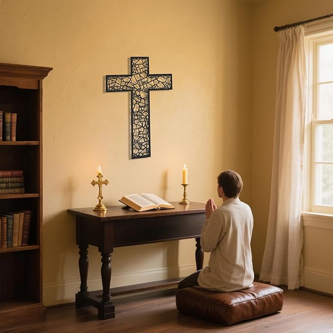WORGO Metal Cross for Wall Crosses Wall Decor for Spiritual Home Decor and Gifting Metal Wall Art Christian Home Decor for Living Room Dining Room Bathroom (Black, 29.9" L x 19.8" W)