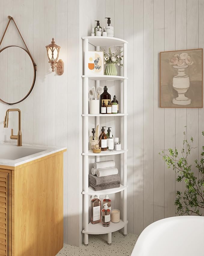 IBUYKE 6 Tier Corner Shelf Stand,Industrial Corner Display Rack,Corner Bookshelf for Living Room, Bedroom, Kitchen, Home Office, White WBC011W