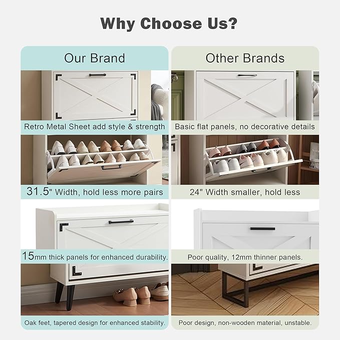 Shoe Storage Cabinet,Farmhouse Shoe Organizer with 2 Flip Drawers & Barn Door Design,Freestanding Hidden Slim Narrow Shoe Rack Cabinet for Entryway,Foyer,Hallway,Antique White