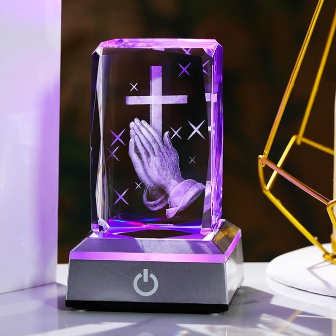 YWHL 3D Crystal Cross Figurine with Colorful Light Base, Laser Engrave Praying Hands Religious Gifts for Women Man, Christian Gifts for Friend