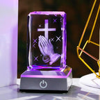 YWHL 3D Crystal Cross Figurine with Colorful Light Base, Laser Engrave Praying Hands Religious Gifts for Women Man, Christian Gifts for Friend